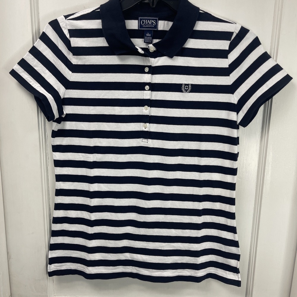 Stretchy Classic Chaps Denim Blue & White Striped Polo Shirt Size L, 5 Button
